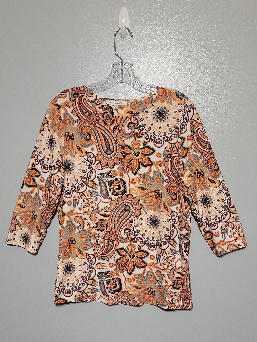 Emily Daniels Womens  Warm Tone Texture Paisley Print Top 3/4 Length Sleeve Sz M